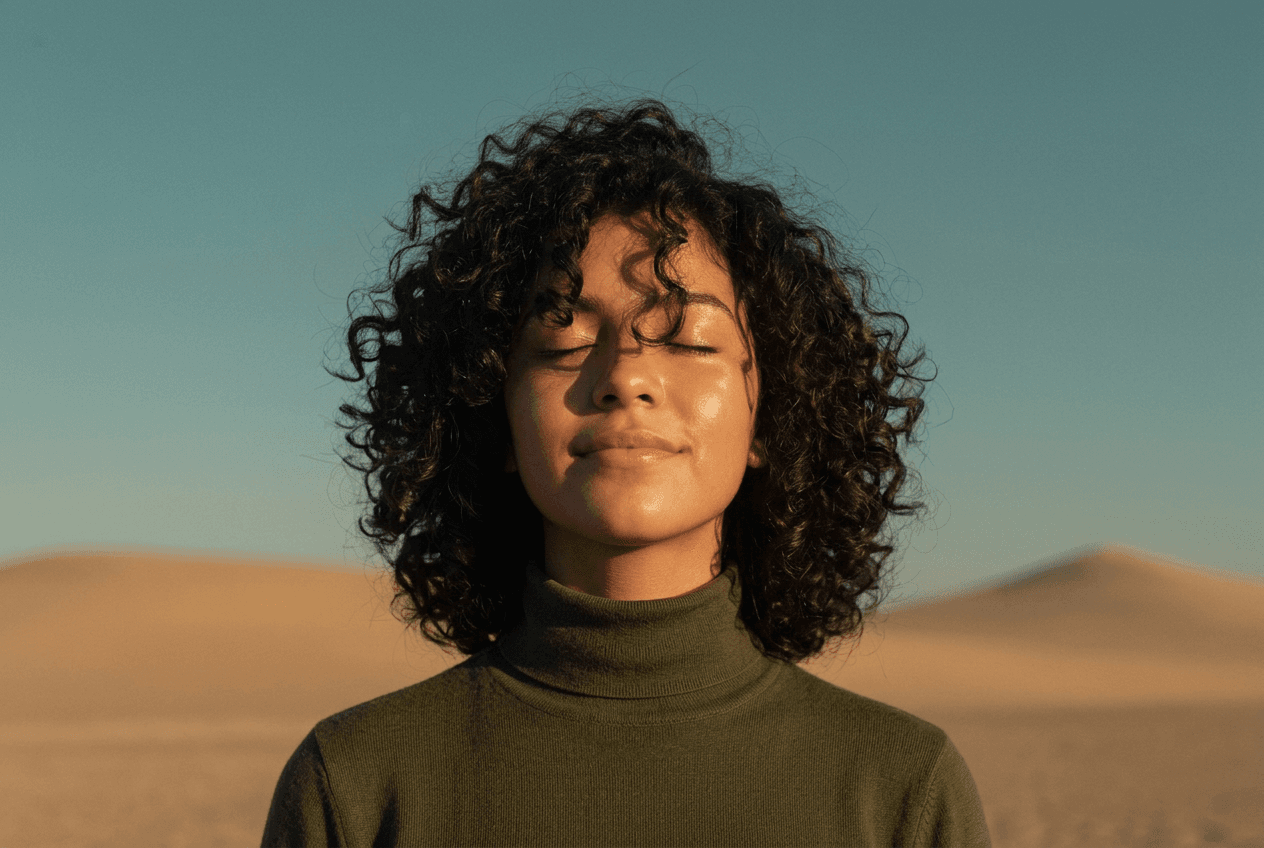 Una estudiante con los ojos cerrados y el rostro hacia el sol, frente a un cielo abierto.